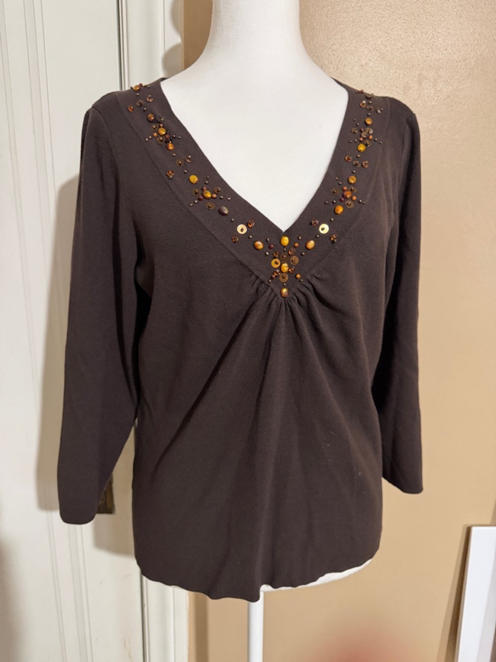 Ann  Taylor Loft Brown V-Neck Bead Embellished Top Vint. Size L